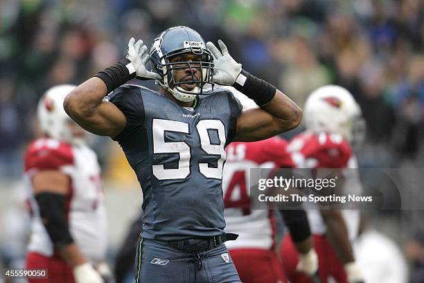 Julian Peterson of the Seattle Seahawks looks on during a game against the Arizona Cardinals on December 9, 2007 at the Centurylink Field Stadium in...