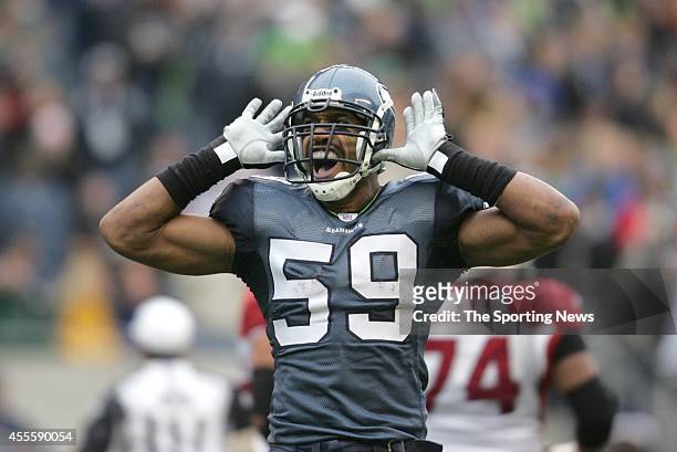Julian Peterson of the Seattle Seahawks looks on during a game against the Arizona Cardinals on December 9, 2007 at the Centurylink Field Stadium in...