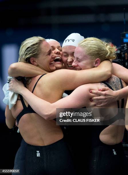 Athletes of Denmark's team celebrate after winning the women's 4x50 meters freestyle event of the Len European Short Course Swimming Championships in...