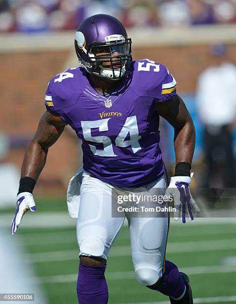 Jasper Brinkley of the Minnesota Vikings eyes the offense during an NFL game against the New England Patriots at TCF Bank Stadium, on September 14,...