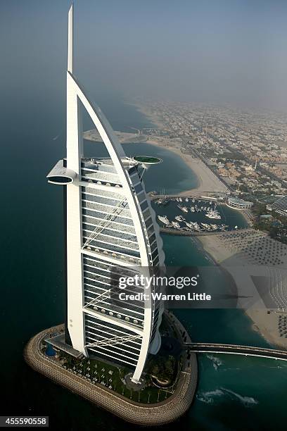 The Davis Cup Trophy is displayed at a unique location at the Burj Al Arab Jumeirah helipad on September 17, 2014 in Dubai, United Arab Emirates. As...