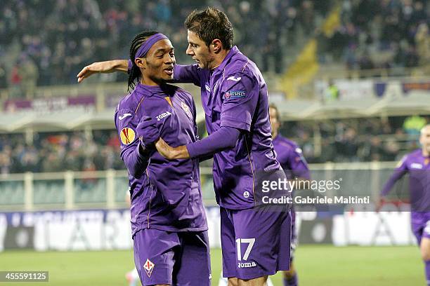 Joaquin and Guillermo Cuadrado of ACF Fiorentina celebrates after scoring a goal during the UEFA Europa League Group E match between ACF Fiorentina...