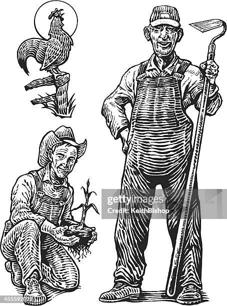 farmer und hahn hahnenschrei - holzschnitt stock-grafiken, -clipart, -cartoons und -symbole