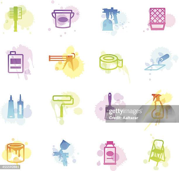 stockillustraties, clipart, cartoons en iconen met stains icons - painting tools - verfbak