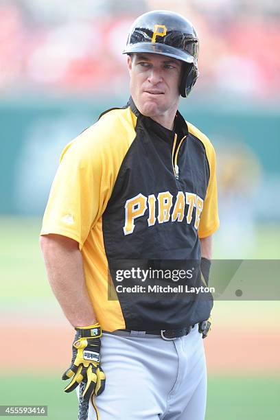 Jayson Nix of the Pittsburgh Pirates looks on during batting practice of a baseball game against the Washington Nationals on August 15, 2014 at...