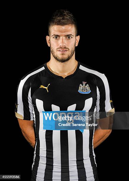 Davide Santon poses for the annual head and shoulder photograph during the Newcastle United Photocall at The Newcastle United Training Centre on...