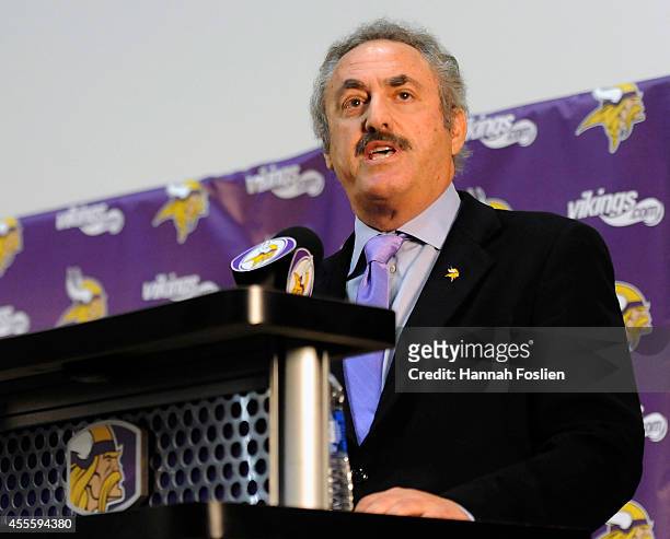 Owner Zygi Wilf of the Minnesota Vikings speaks to the media during a press conference on September 17, 2014 at Winter Park in Eden Prairie,...