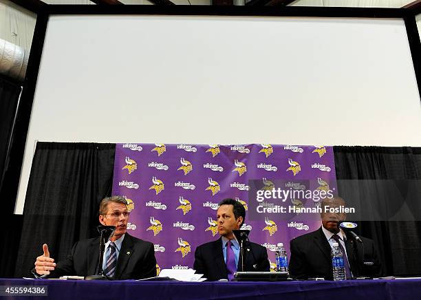 General Manager Rick Spielman, Owner Mark Wilf and Vice President of Legal Affairs Kevin Warren of the Minnesota Vikings speaks to the media during a...