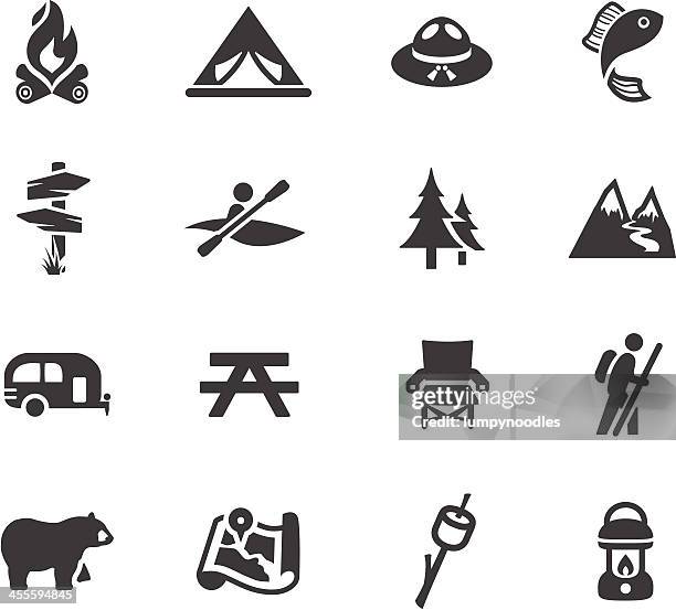 illustrazioni stock, clip art, cartoni animati e icone di tendenza di campeggio e attività all'aperto di simboli - camp site