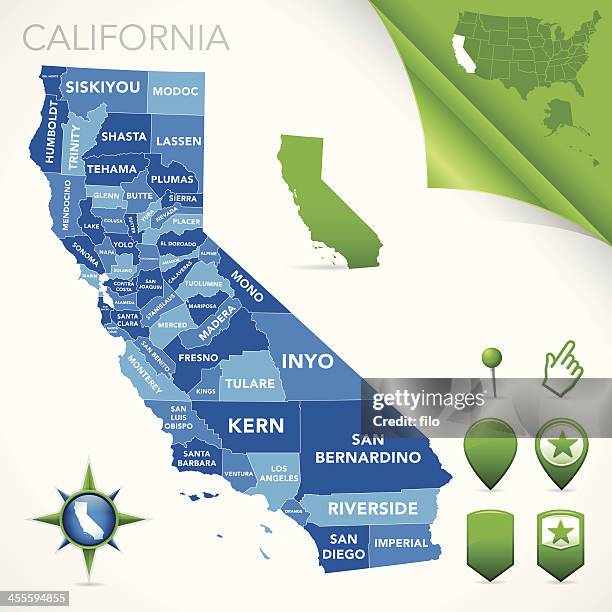 ilustraciones, imágenes clip art, dibujos animados e iconos de stock de mapa del condado de california - california