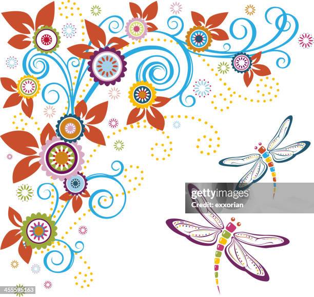 dragonfly and floral corner graphic element - dragonfly stock illustrations