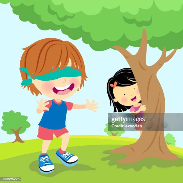 stockillustraties, clipart, cartoons en iconen met kids palying blindfold hide and seek - puckering