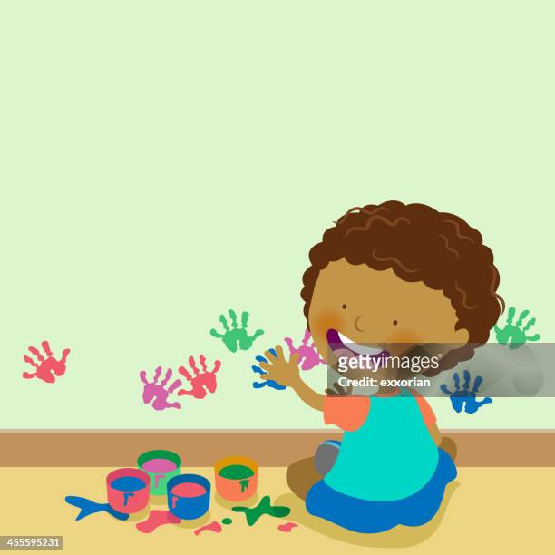 illustrazioni stock, clip art, cartoni animati e icone di tendenza di bambino dipinto sulla parete - macchie di colore