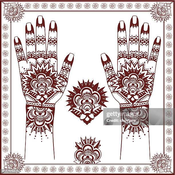 mehndi. henna painting on hands - henna hands stock illustrations