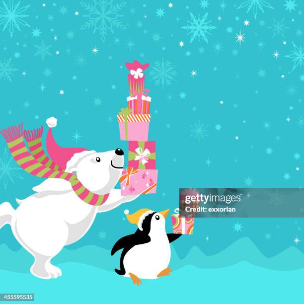 delivering presents - christmas penguins stock illustrations