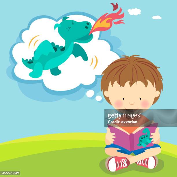 ilustrações, clipart, desenhos animados e ícones de menino imaginando dragão cuspidor de fogo de livro - curiosity
