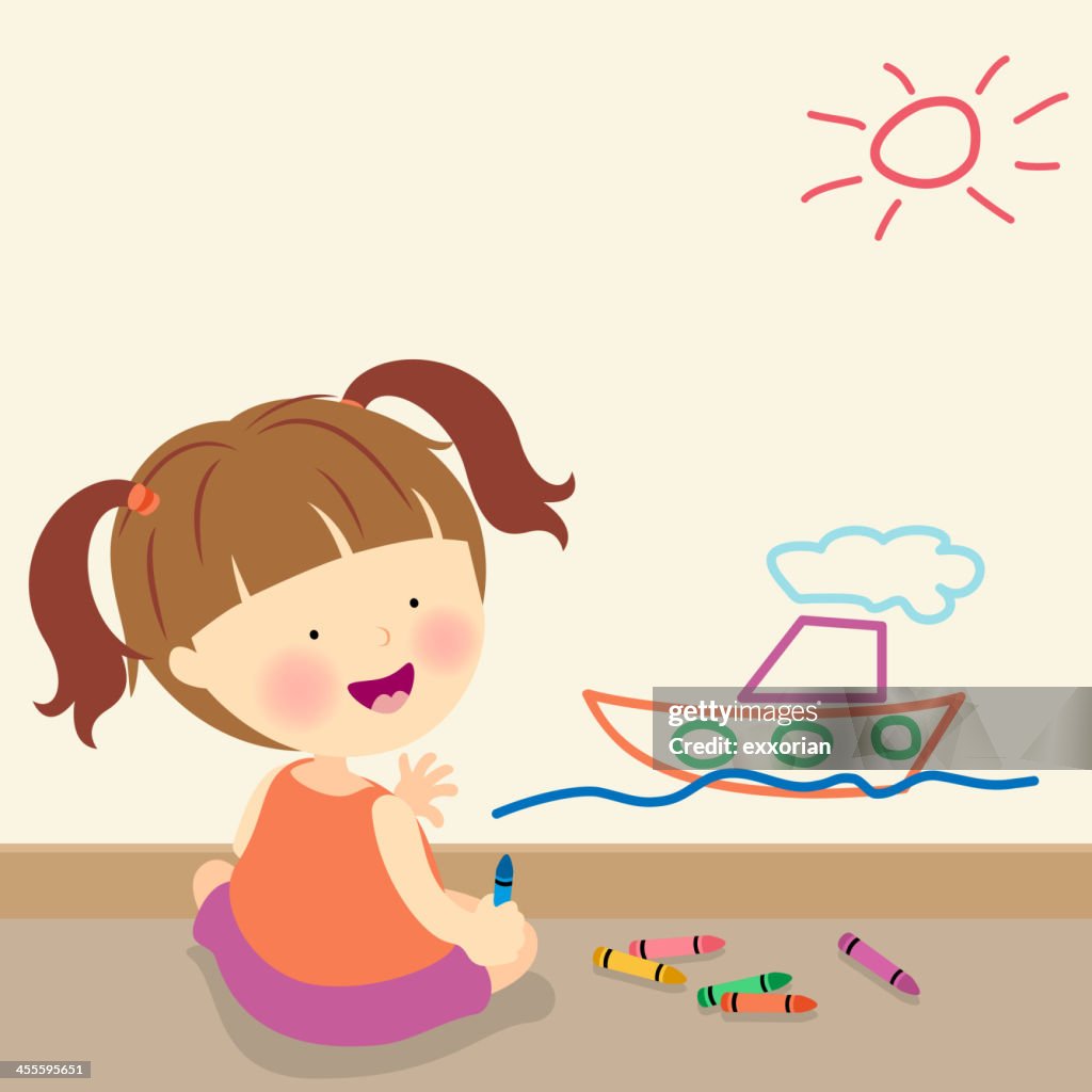 Little Girl Drawing on Wall