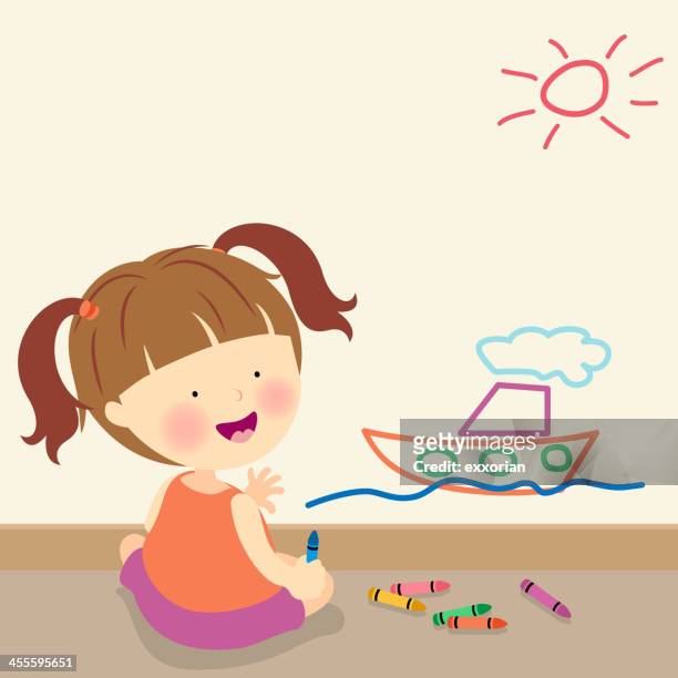 little girl drawing on wall - baby creativity ideas stock illustrations