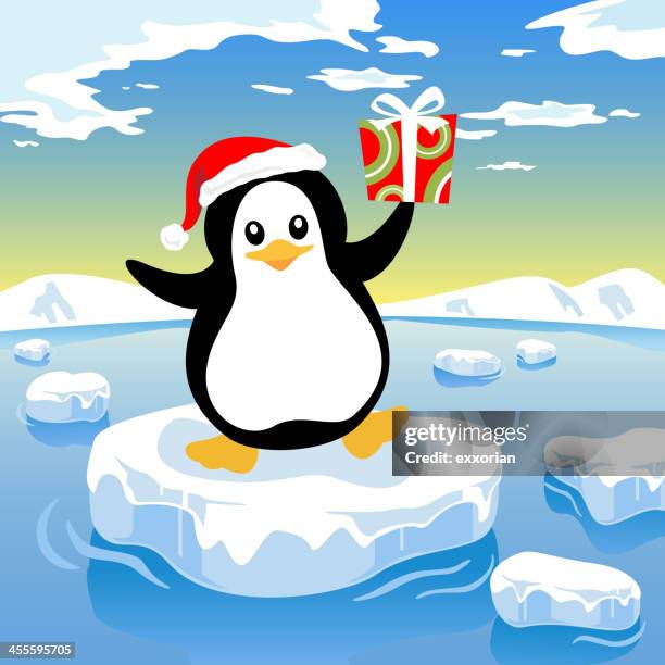 penguin delivering present - penguin stock illustrations