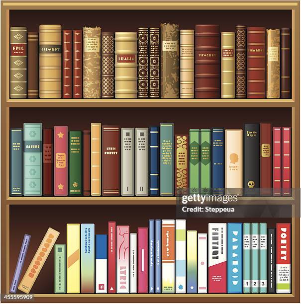 illustrazioni stock, clip art, cartoni animati e icone di tendenza di vecchi e nuovi libri - mensola per libri