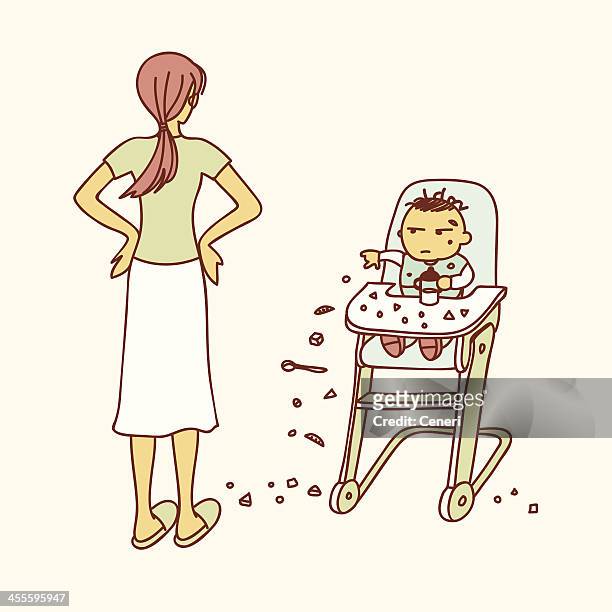 baby throwing food on the floor - angry parent mealtime stock illustrations