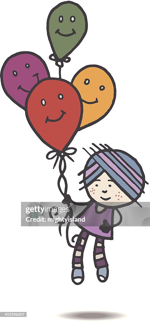 Retro girl floating away with balloons