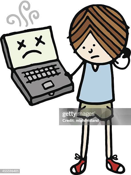 boy with broken computer - it worker white background stock illustrations