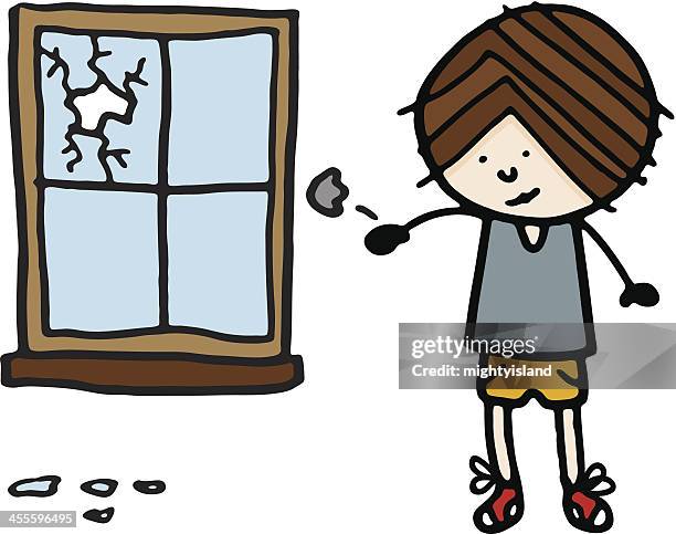 stockillustraties, clipart, cartoons en iconen met breaking window by throwing stones - schade