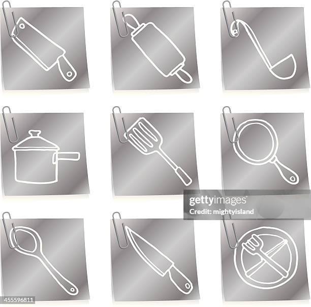 cooking utensil icons on shiny metallic post it notes - frying pan white background stock illustrations