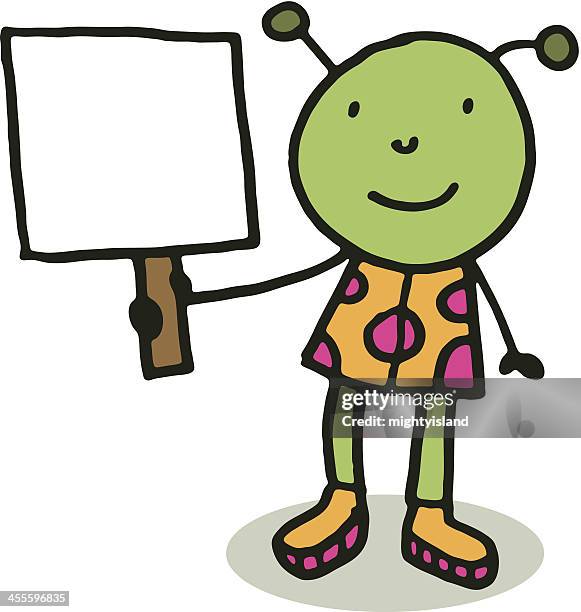little green man alien holding a blank sign - androgyn stock illustrations