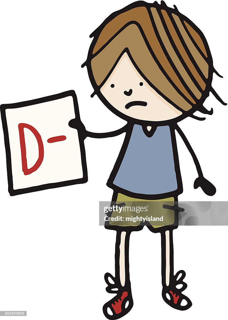 Boy holding D minus report card
