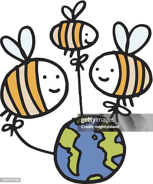three bees with planet earth - bumblebee stock illustrations