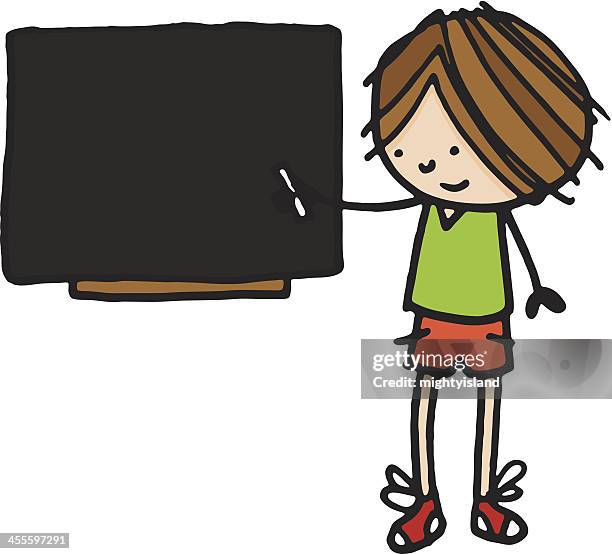 boy with chalk next to blank blackboard - school boy white background stock illustrations