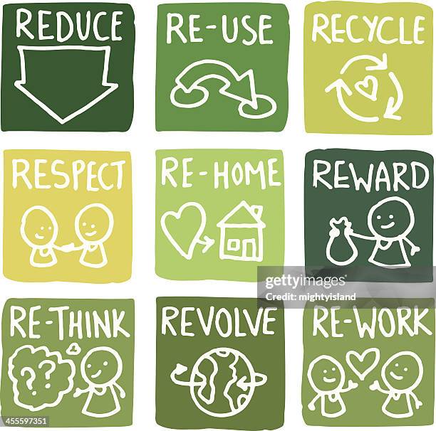 reduzieren, materialien wiederzuverwenden und zu recyceln block icon-set - recycling stock-grafiken, -clipart, -cartoons und -symbole