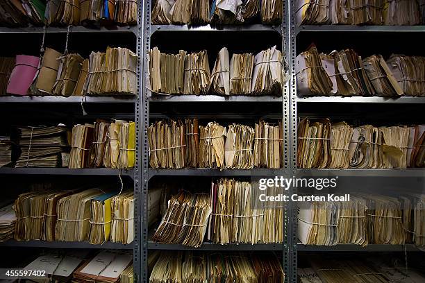 View of hundreds of files lining the shelves in the archives of the former East German secret police, known as the Stasi on September 17, 2014 in...