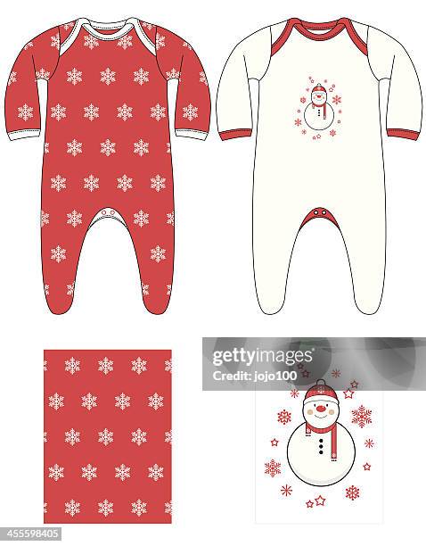 cute christmas snowman & snowflake baby sleep suit - onesie stock illustrations
