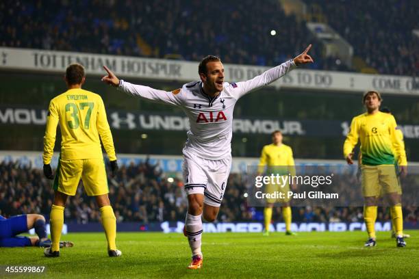 Roberto Soldado of Tottenham Hotspur celebrates scoring their first goal during the UEFA Europa League Group K match between Tottenham Hotspur FC and...