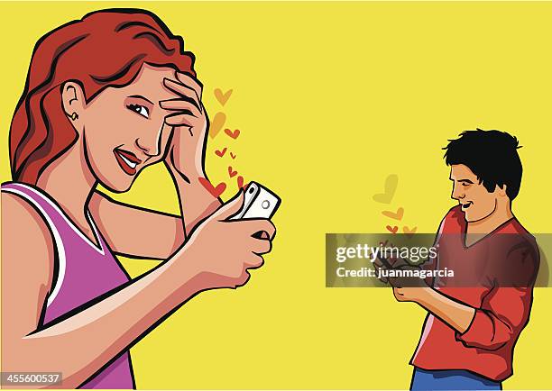 couple sending messages of love for the smartphone. - contactos stock illustrations