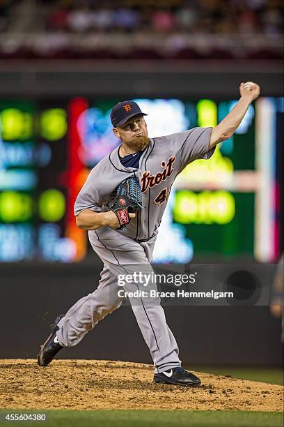 Phil Coke of the Detroit Tigers pitches against the Minnesota Twins on August 22, 2014 at Target Field in Minneapolis, Minnesota. The Twins defeated...