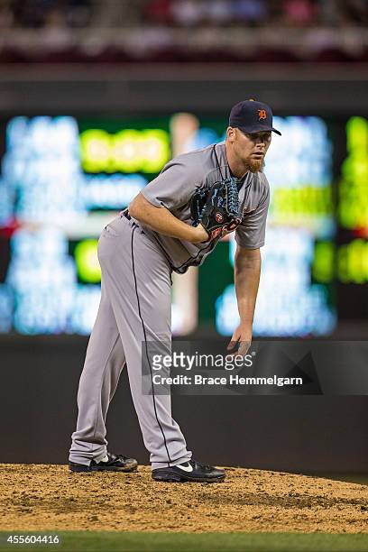 Phil Coke of the Detroit Tigers pitches against the Minnesota Twins on August 22, 2014 at Target Field in Minneapolis, Minnesota. The Twins defeated...