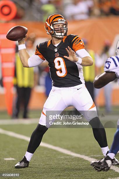 Tyler Wilson of the Cincinnati Bengals drops back to pass during the game against the Indianapolis Colts at Paul Brown Stadium on August 28, 2014 in...