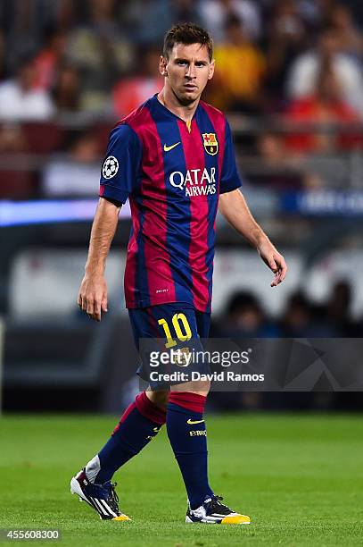 Lionel Messi of FC Barcelona looks on during the UEFA Champions League Group F match between FC Barcelona and APOEL FC at the Camp Nou Stadium on...