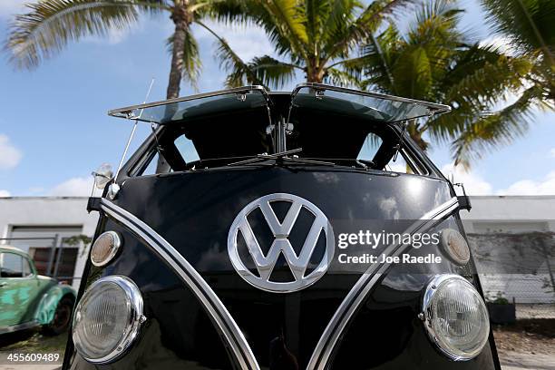 The front of a 1955 Volkswagen Oval-Window bus is seen at McNab Foreign Car garage that specializes in restoring VW vehicles on December 12, 2013 in...