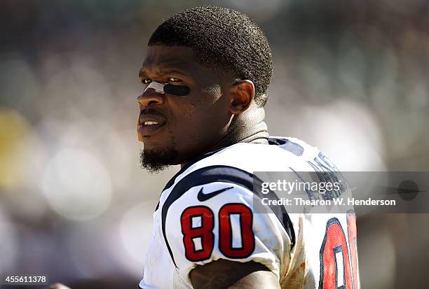 Andre Johnson of the Houston Texans looks on from the sidelines against the Oakland Raiders during the fourth quarter at O.co Coliseum on September...