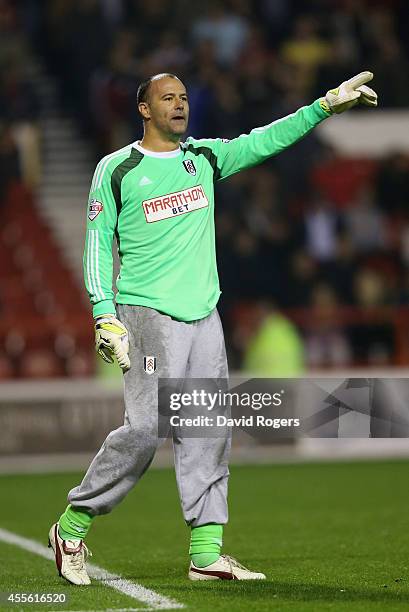 Gabor Kiraly of Fulham issues instructions during the Sky Bet Championship match between Nottingham Forest and Fulham at the City Ground on September...