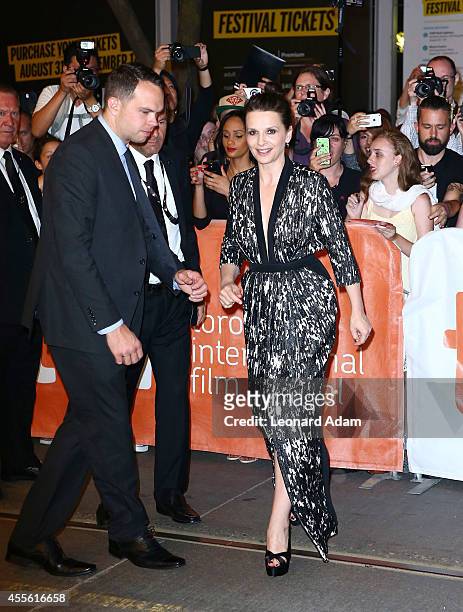 Actress Juliette Binoche arrives at the "Clouds Of Sils Maria" Premiere during Toronto International Film Festival at Princess of Wales Theatre on...