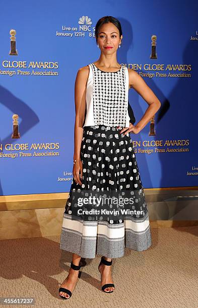 Actress Zoe Saldana attends the 71st Golden Globe Awards Nominations Announcement at The Beverly Hilton Hotel on December 12, 2013 in Beverly Hills,...