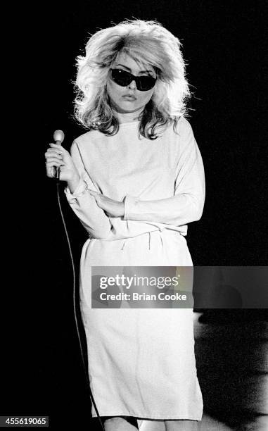 Debbie Harry of Blondie singing during the recording of a pop promo for their single 'Picture This' at Isleworth Studios, Isleworth, London on 21...