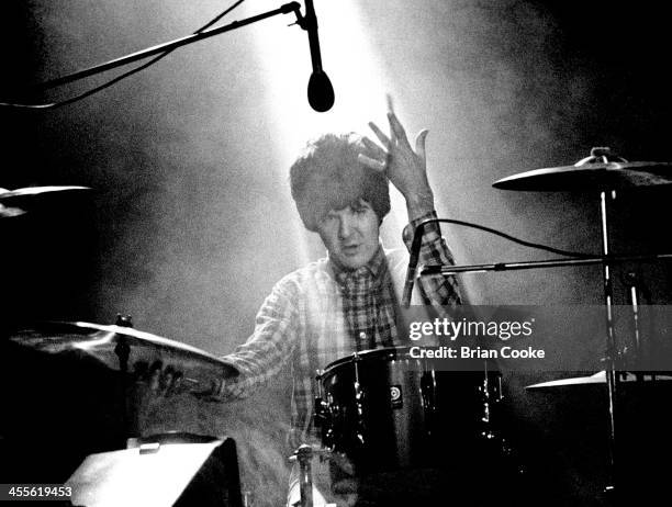 Clem Burke of Blondie playing the drums during the recording of a pop promo for their single 'Picture This' at Isleworth Studios, Isleworth, London...