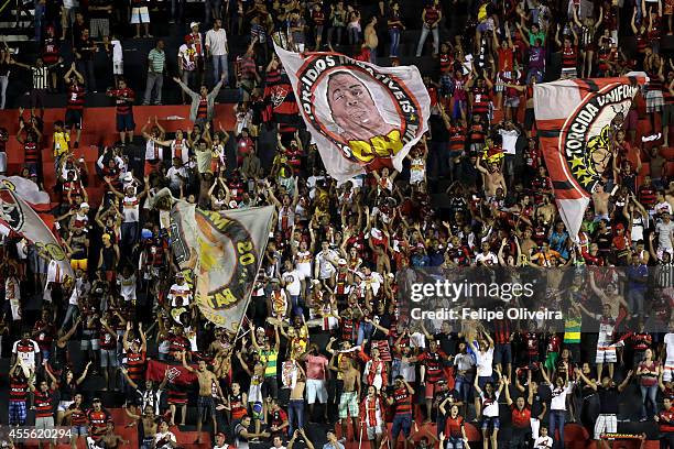 Fans of Vitoria celebrates his goal during the match between Vitoria and Fluminense as part of Brasileirao Series A 2014 at Estadio Manoel Barradas...